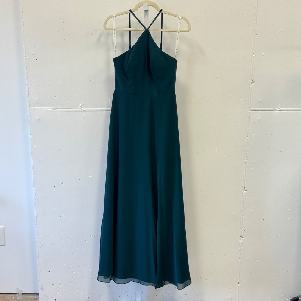 Azazie Dark Green Halter Chiffon‎ Maxi Dress Bridesmaid Formal Gown Size A4 Prom
